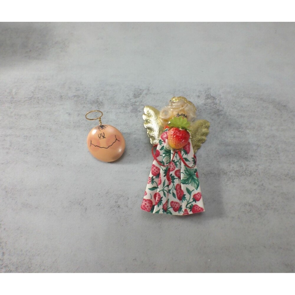Vintage Angle Brooch Lapel Pin Handmade Cloth Wood Halo Strawberry Lot of 2